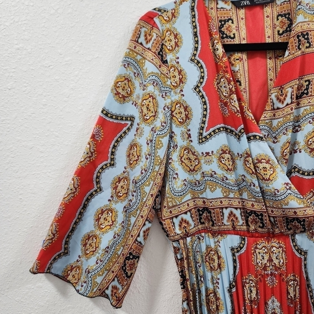 ZARA Boho Patchwork Wrap Midi Dress Red Blue Print Belted Pleated V-Neck - Picture 3 of 15